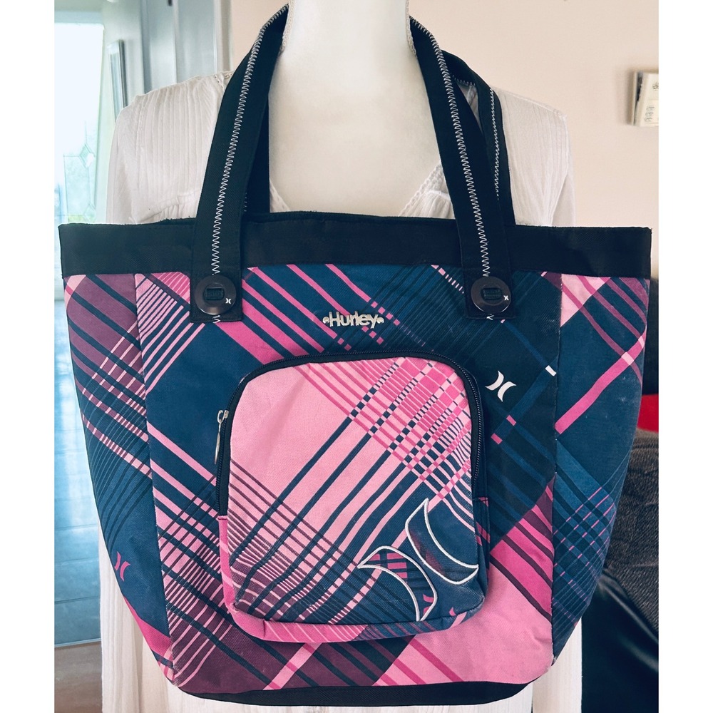 Vintage Y2K Hurley Beach Tote Bag Pink Navy Blue Plaid Surf Coastalcore